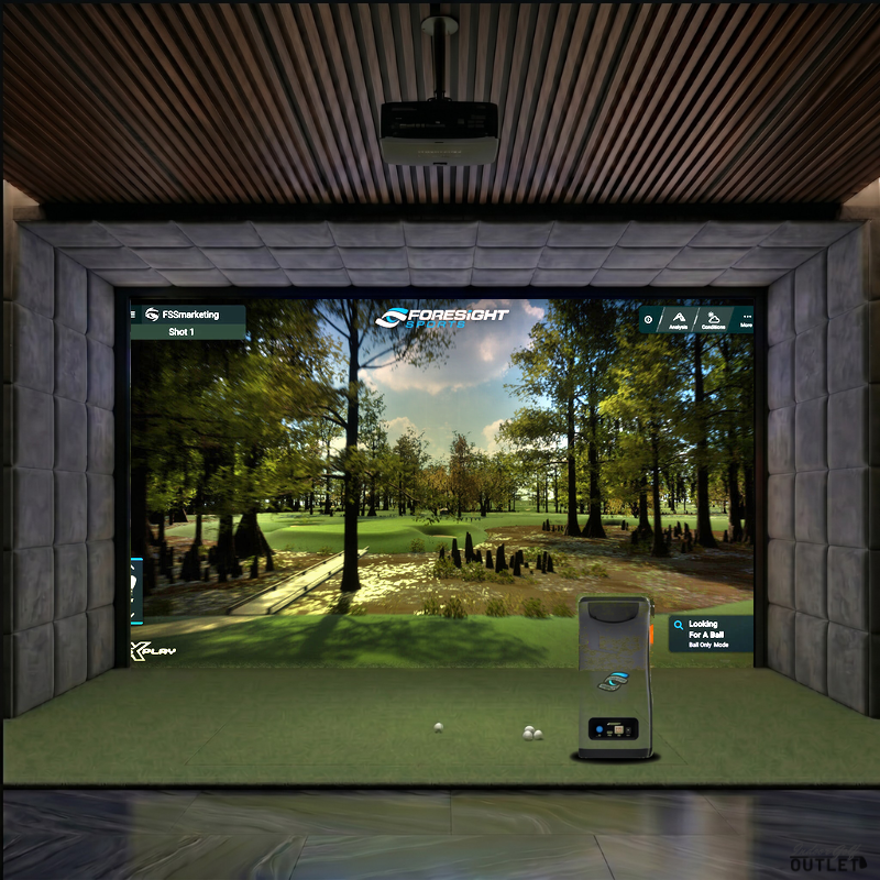 Foresight Sports GC3 custom installed golf simulator room with velvet wall and ceiling padding.