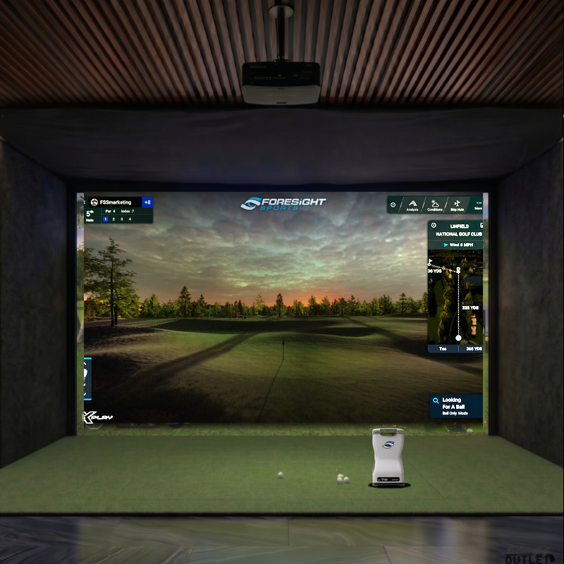 Foresight Sports GCQuad custom installed golf simulator room with acoustic carpet wall padding and mesh ceiling.