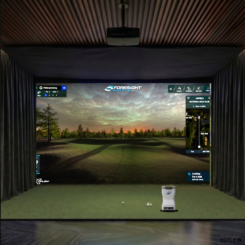 Foresight Sports GCQuad custom installed golf simulator room with wall curtains and mesh ceiling.