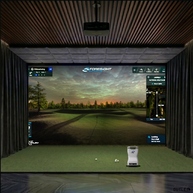 Foresight Sports GCQuad custom installed golf simulator room with wall curtains and velvet ceiling padding.