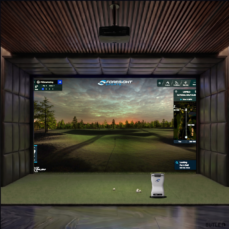 Foresight Sports GCQuad custom installed golf simulator room with leatherette wall and ceiling padding.
