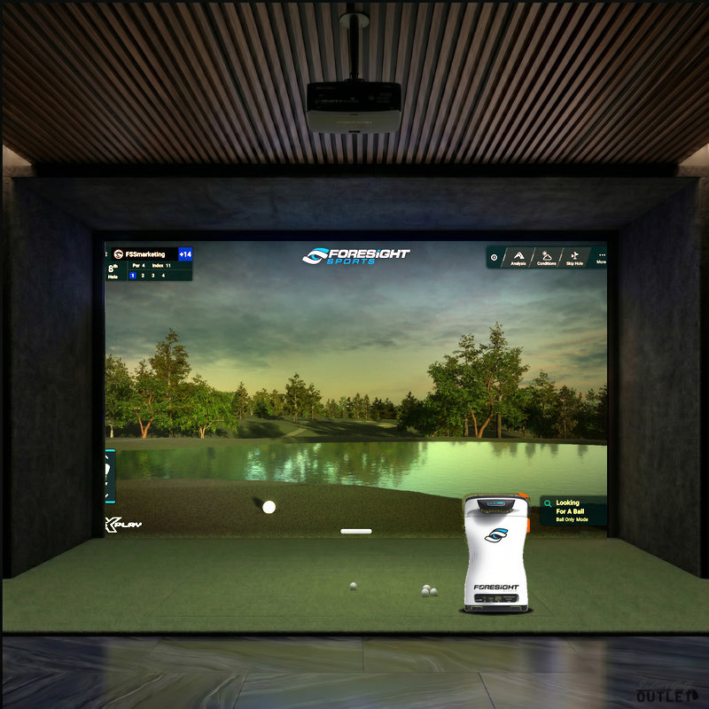 Foresight Sports QuadMAX custom installed golf simulator room with acoustic carpet wall and ceiling padding.