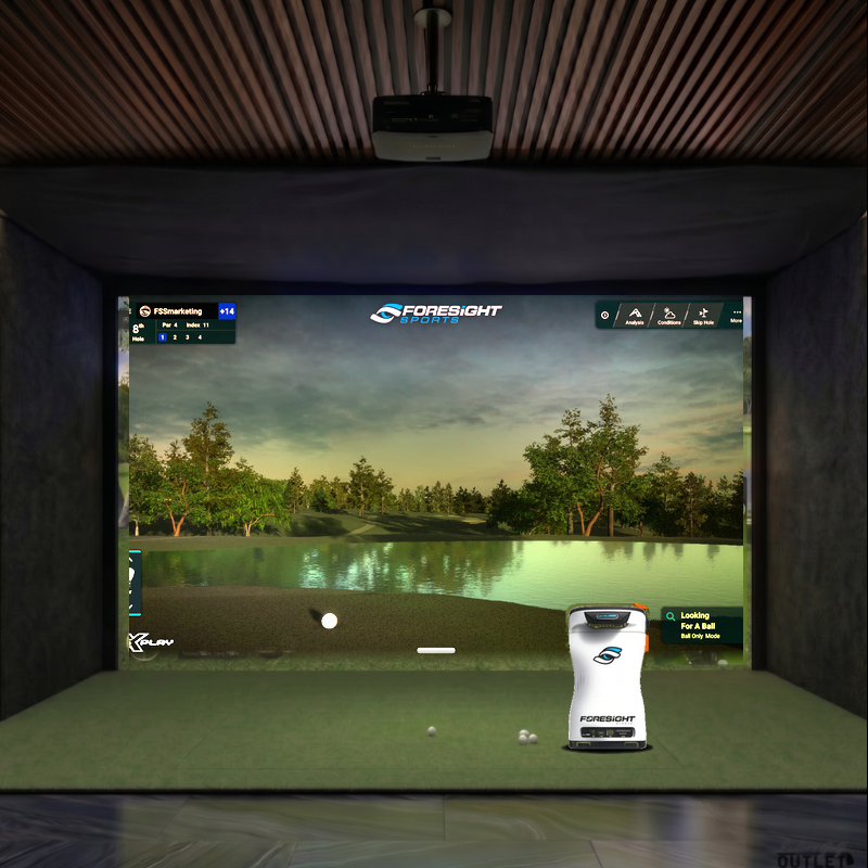 Foresight Sports QuadMAX custom installed golf simulator room with acoustic carpet wall padding and mesh ceiling.