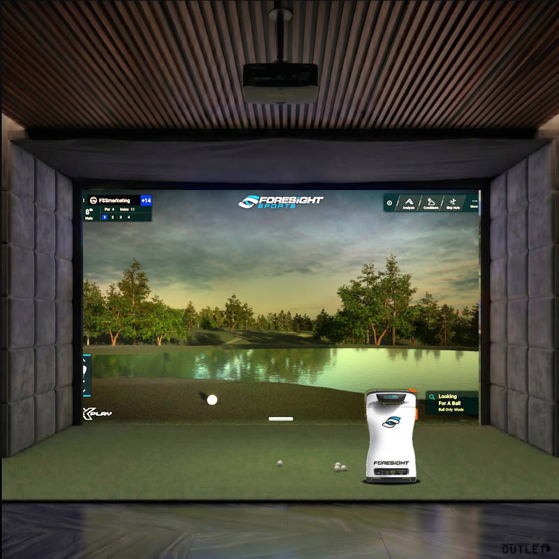 Foresight Sports QuadMAX custom installed golf simulator room with velvet wall padding and mesh ceiling.