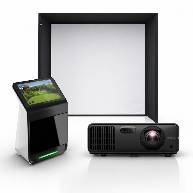 Garmin Approach R50 launch monitor with SIG enclosure and projector golf simulator package