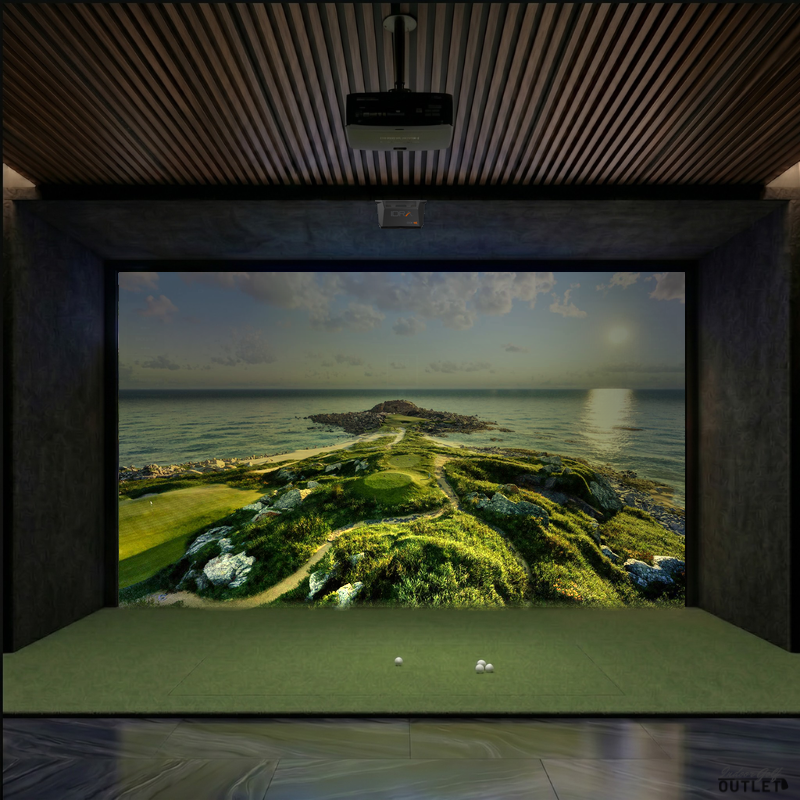 GolfIn IDRA II custom installed golf simulator room with acoustic carpet wall and ceiling padding.