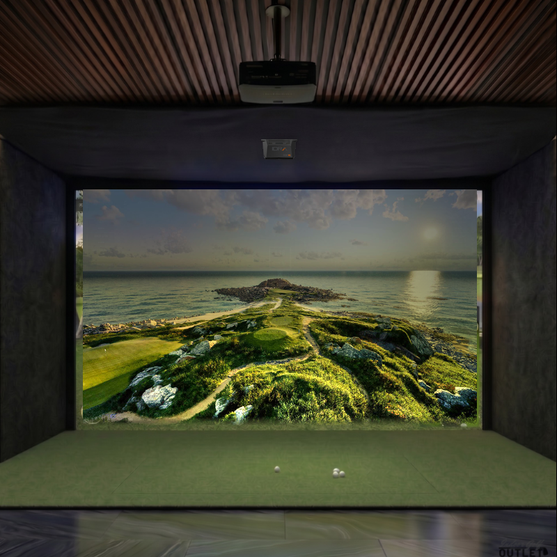GolfIn IDRA II custom installed golf simulator room with acoustic carpet wall padding and mesh ceiling.