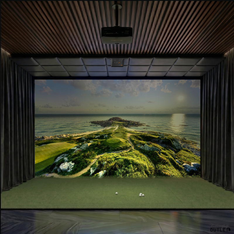 GolfIn IDRA II custom installed golf simulator room with wall curtains and leatherette ceiling padding.