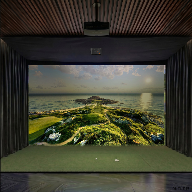GolfIn IDRA II custom installed golf simulator room with wall curtains and mesh ceiling.