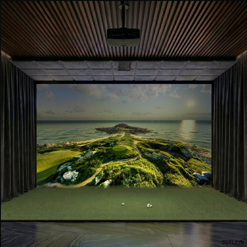 GolfIn IDRA II custom installed golf simulator room with wall curtains and velvet ceiling padding.