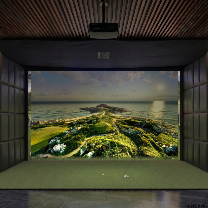 GolfIn IDRA II custom installed golf simulator room with leatherette wall padding and mesh ceiling.