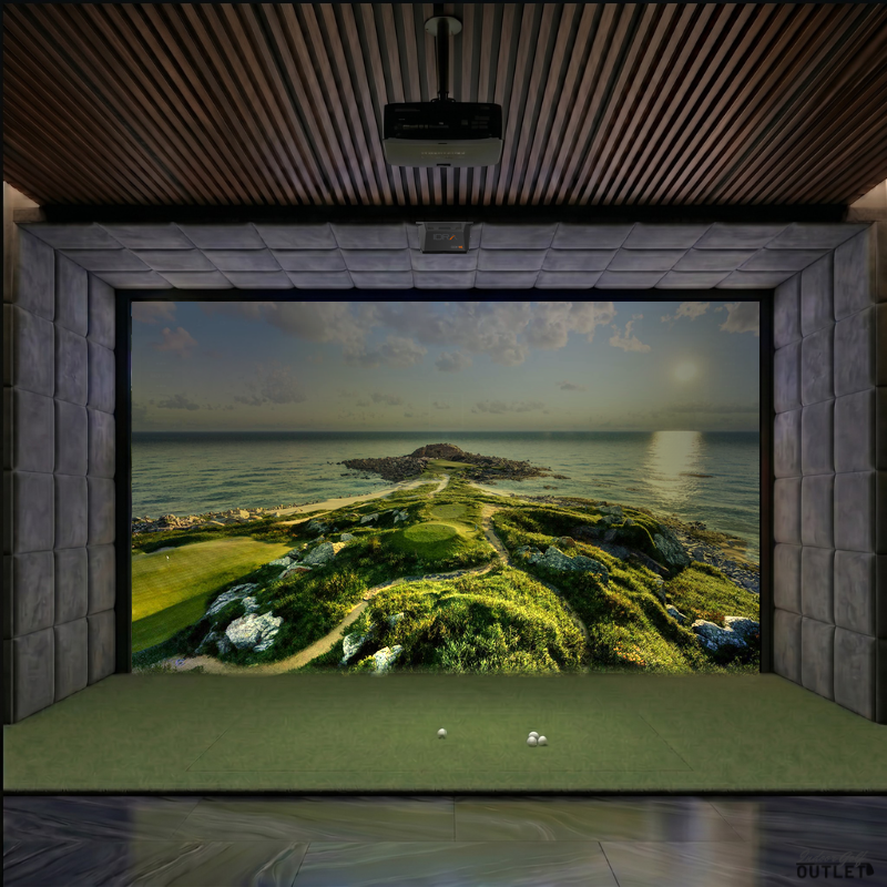 GolfIn IDRA II custom installed golf simulator room with velvet wall and ceiling padding.