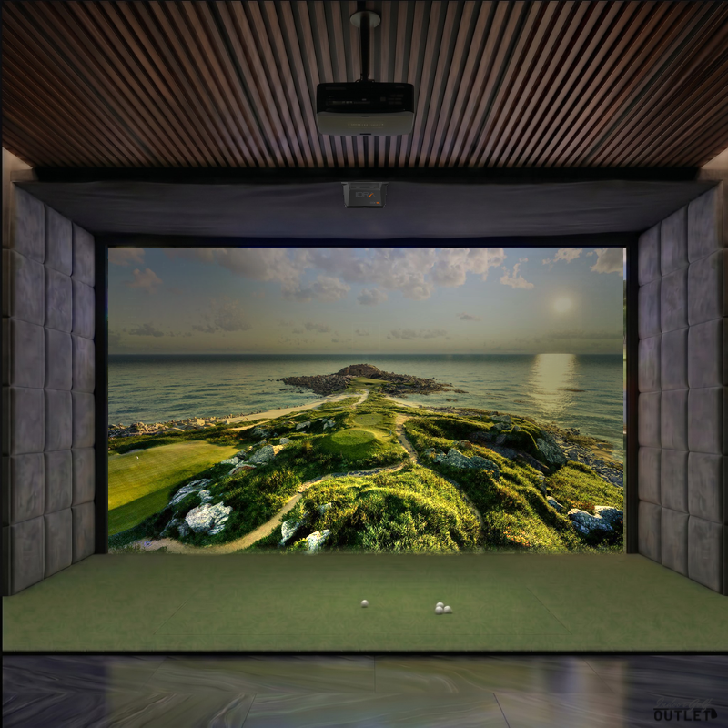 GolfIn IDRA II custom installed golf simulator room with velvet wall padding and mesh ceiling.