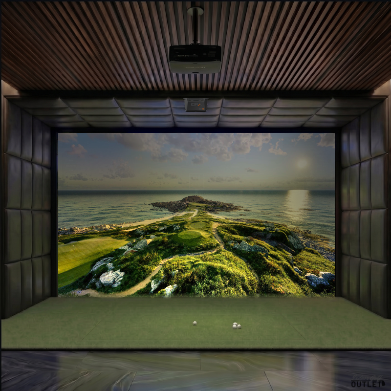 GolfIn IDRA II custom installed golf simulator room with leatherette wall and ceiling padding.