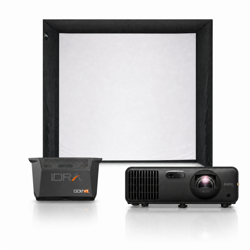 GolfIn IDRA II launch monitor with SIG enclosure and projector golf simulator package