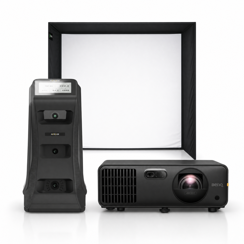 NVISAGE NEO-E launch monitor with SIG enclosure and projector golf simulator package