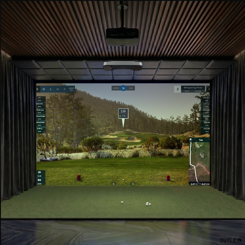 ProTee United VX custom installed golf simulator room with wall curtains and leatherette ceiling padding.