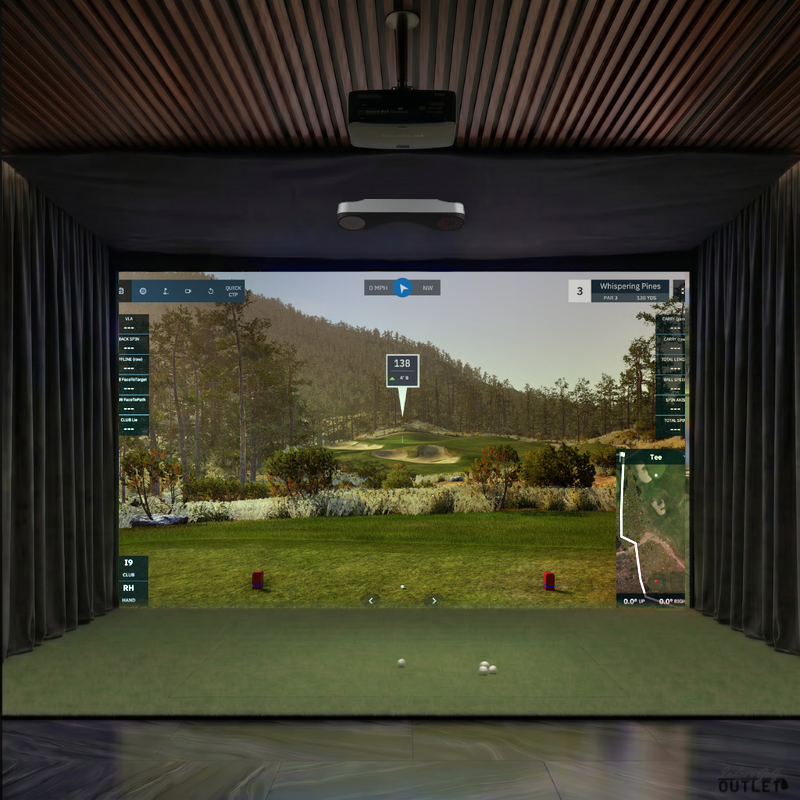 ProTee United VX custom installed golf simulator room with wall curtains and mesh ceiling.