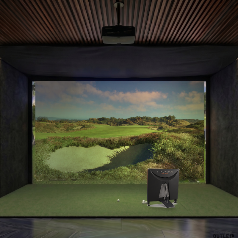 Trackman 4 custom installed golf simulator room with acoustic carpet wall padding and mesh ceiling.
