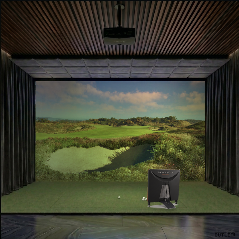 Trackman 4 custom installed golf simulator room with wall curtains and velvet ceiling padding.