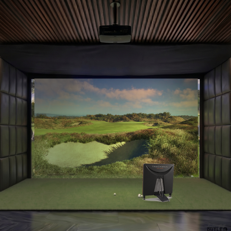 Trackman 4 custom installed golf simulator room with leatherette wall padding and mesh ceiling.