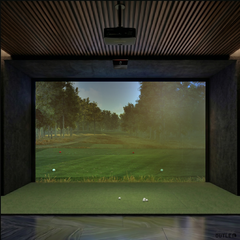 Trackman iO Commercial custom installed golf simulator room with acoustic carpet wall and ceiling padding.