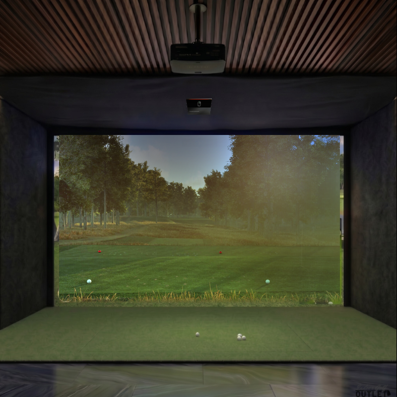 Trackman iO Commercial custom installed golf simulator room with acoustic carpet wall padding and mesh ceiling.