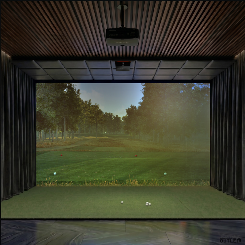 Trackman iO Commercial custom installed golf simulator room with wall curtains and leatherette ceiling padding.