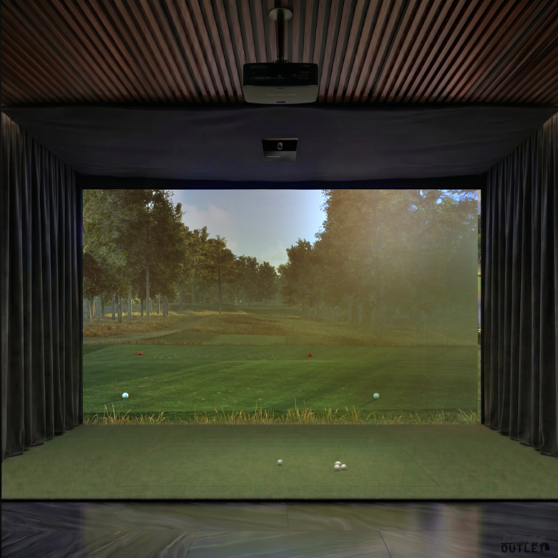 Trackman iO Commercial custom installed golf simulator room with wall curtains and mesh ceiling.