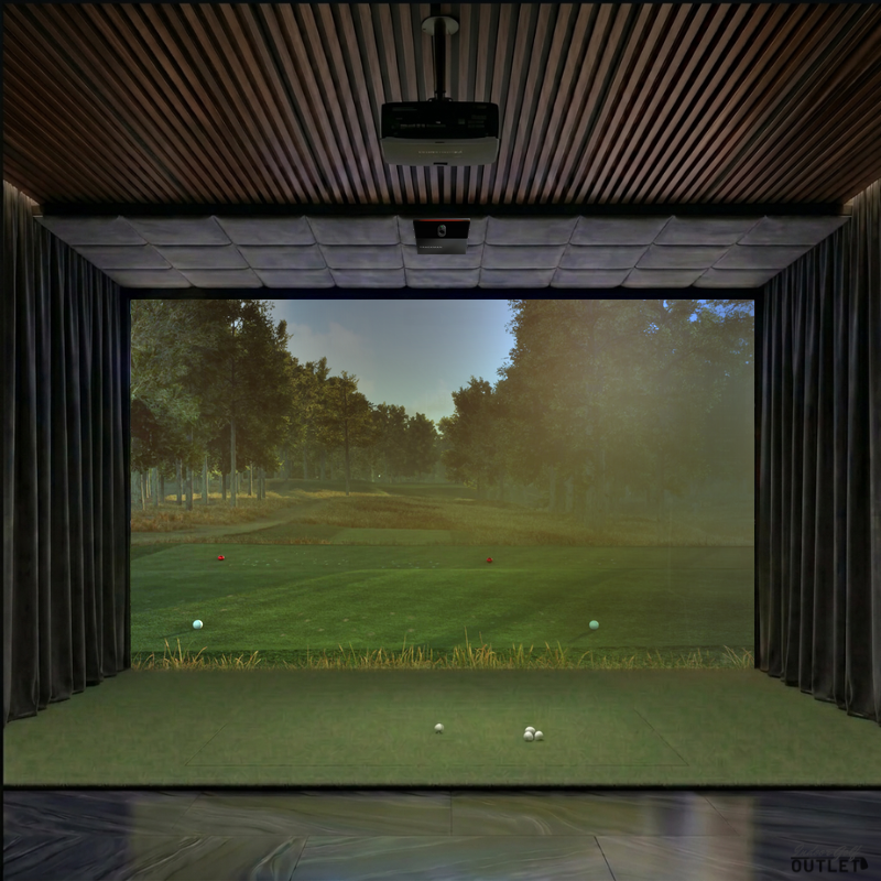 Trackman iO Commercial custom installed golf simulator room with wall curtains and velvet ceiling padding.