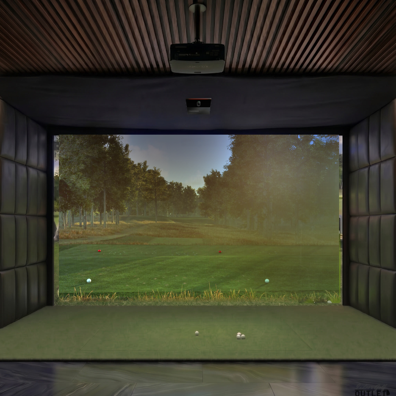 Trackman iO Home custom installed golf simulator room with leatherette wall padding and mesh ceiling.
