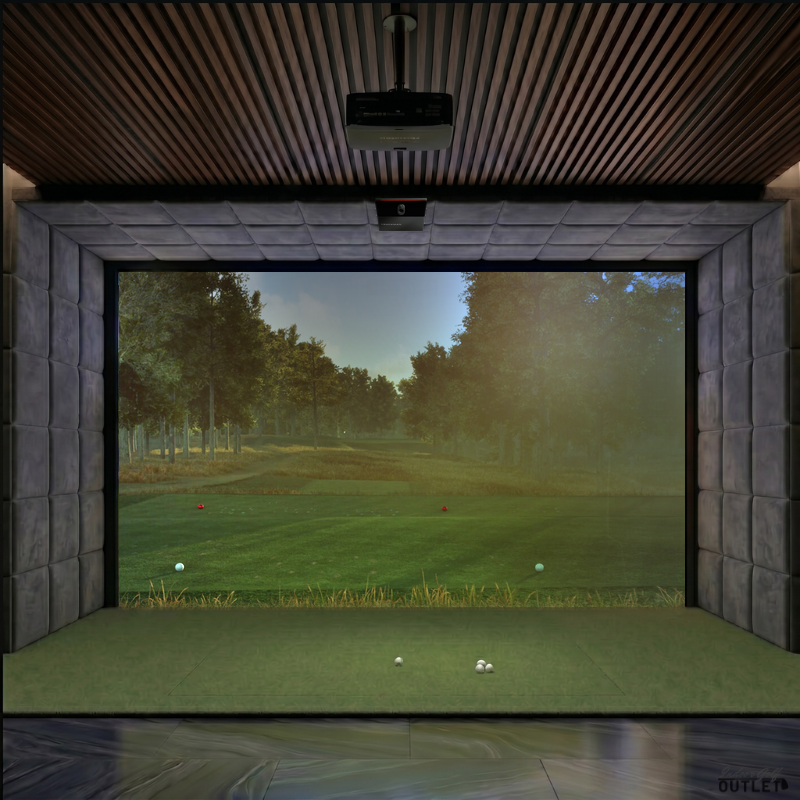 Trackman iO Home custom installed golf simulator room with velvet wall and ceiling padding.