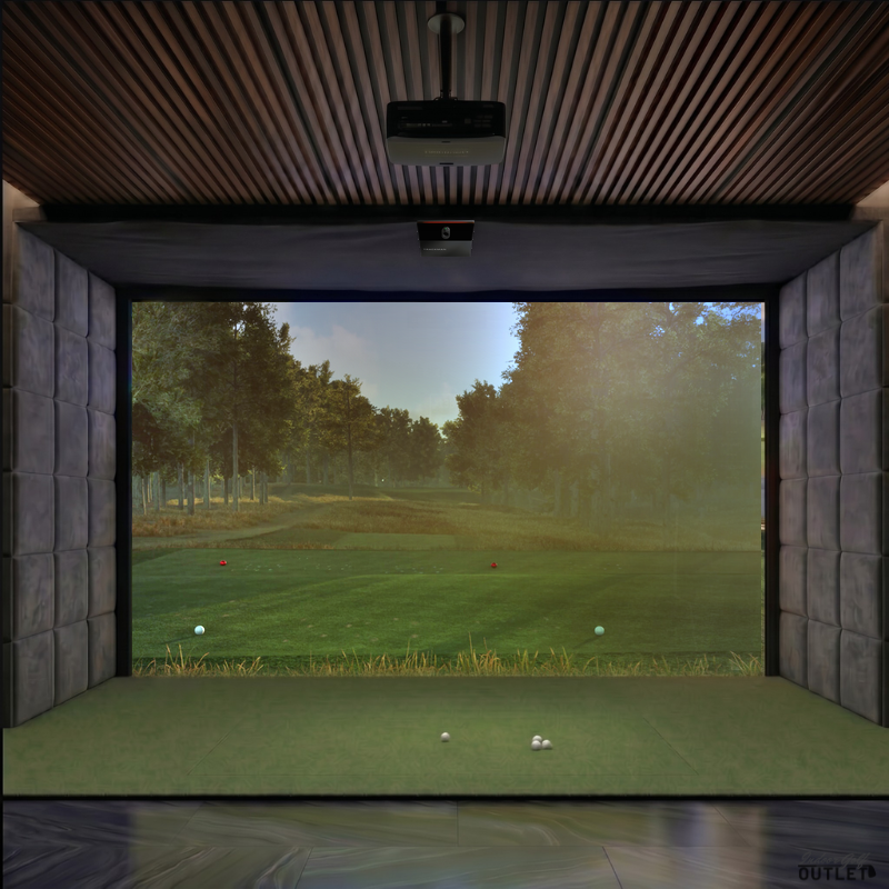 Trackman iO Home custom installed golf simulator room with velvet wall padding and mesh ceiling.