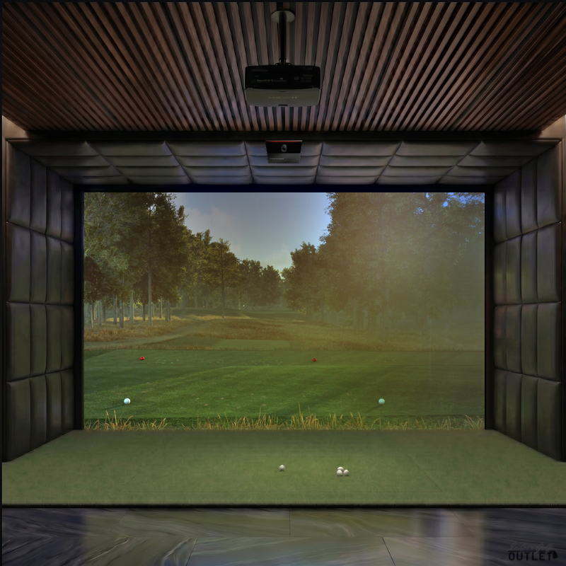 Trackman iO Home custom installed golf simulator room with leatherette wall and ceiling padding.