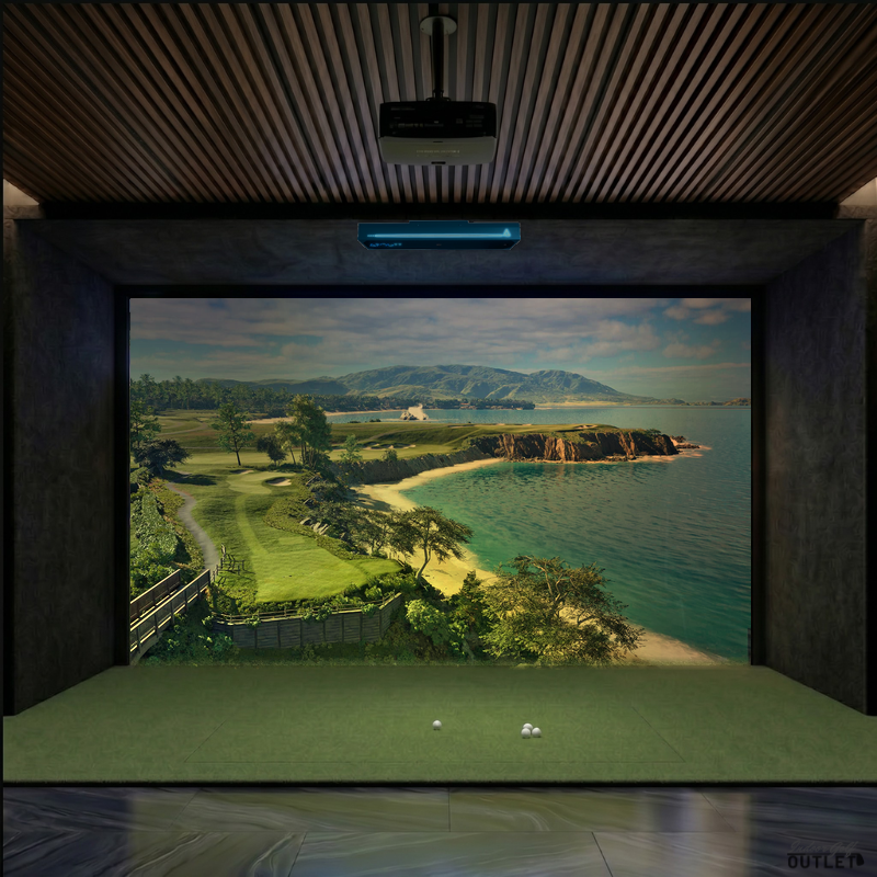 TruGolf APOGEE custom installed golf simulator room with acoustic carpet wall and ceiling padding.