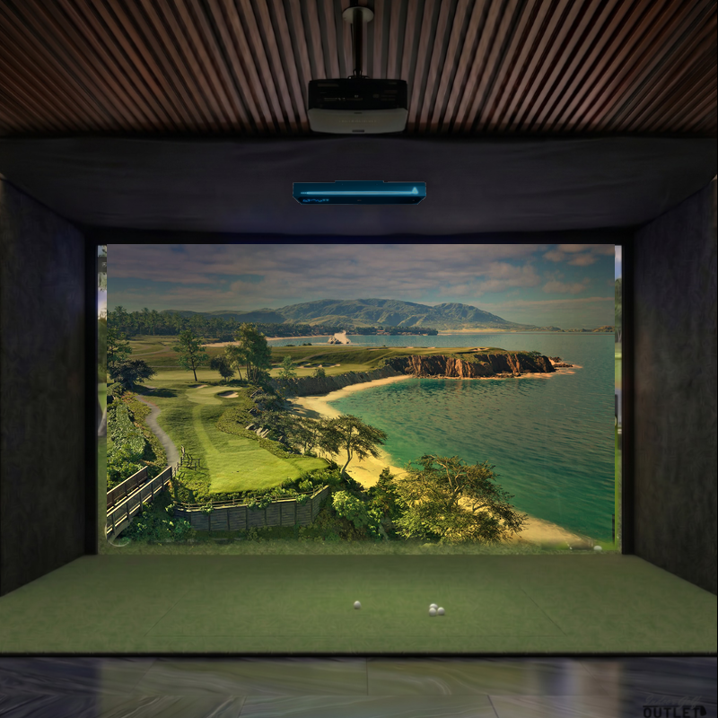 TruGolf APOGEE custom installed golf simulator room with acoustic carpet wall padding and mesh ceiling.