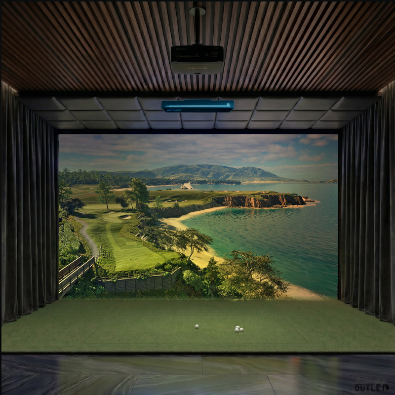 TruGolf APOGEE custom installed golf simulator room with wall curtains and leatherette ceiling padding.