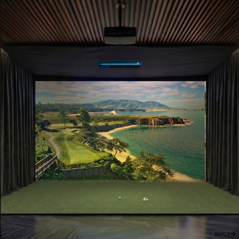 TruGolf APOGEE custom installed golf simulator room with wall curtains and mesh ceiling.