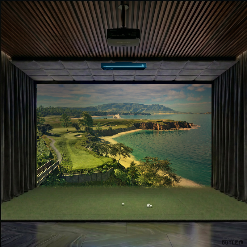 TruGolf APOGEE custom installed golf simulator room with wall curtains and velvet ceiling padding.