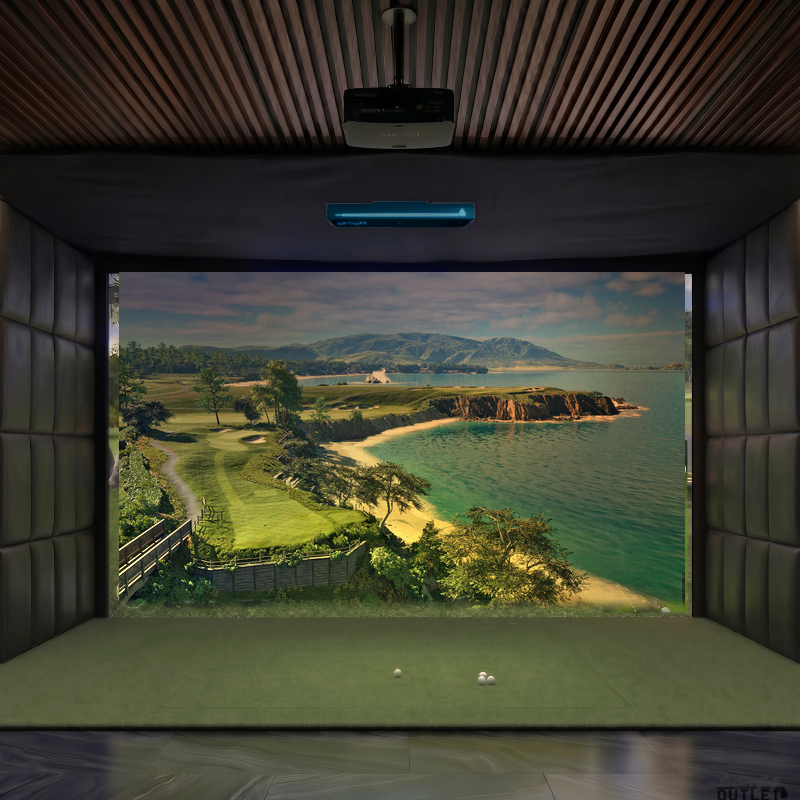 TruGolf APOGEE custom installed golf simulator room with leatherette wall padding and mesh ceiling.
