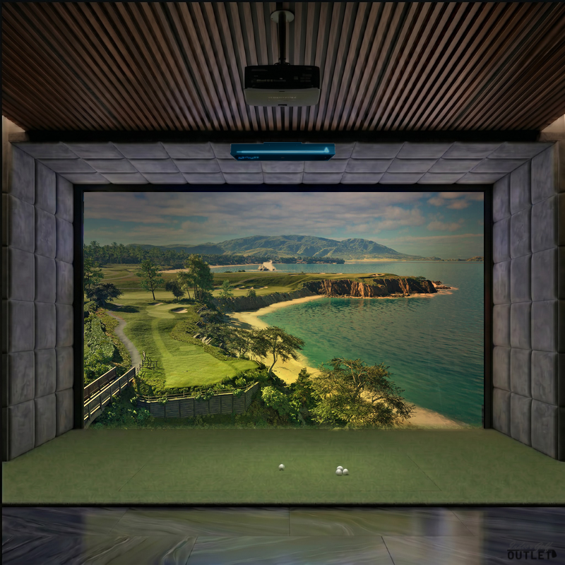 TruGolf APOGEE custom installed golf simulator room with velvet wall and ceiling padding.