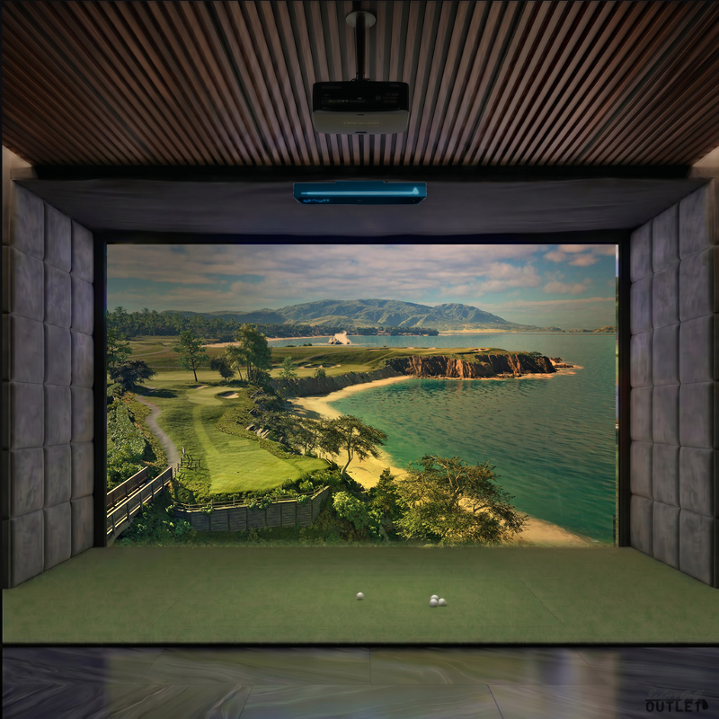 TruGolf APOGEE custom installed golf simulator room with velvet wall padding and mesh ceiling.