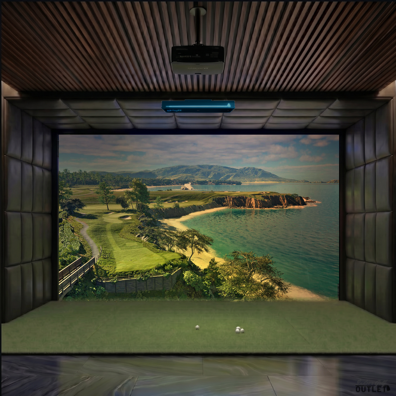 TruGolf APOGEE custom installed golf simulator room with leatherette wall and ceiling padding.