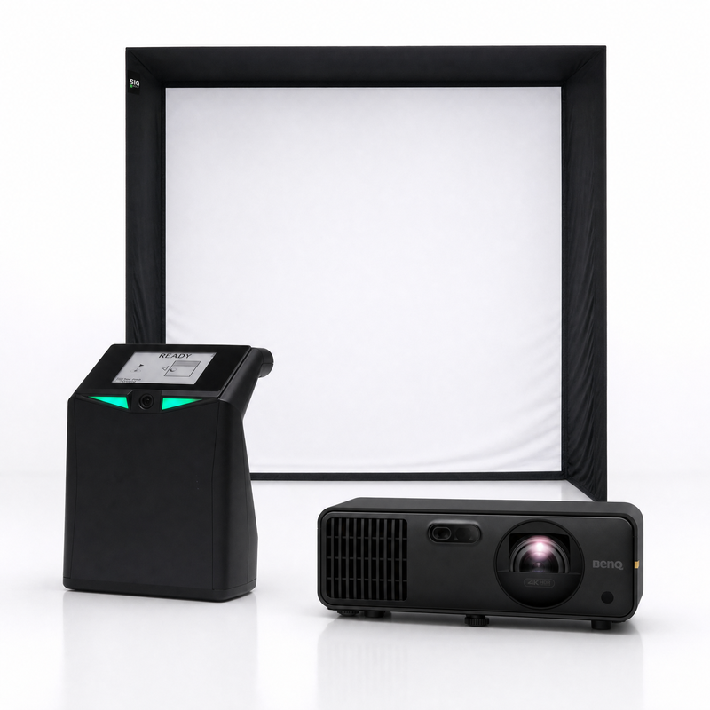 TruGolf LaunchBox launch monitor with SIG enclosure and projector golf simulator package