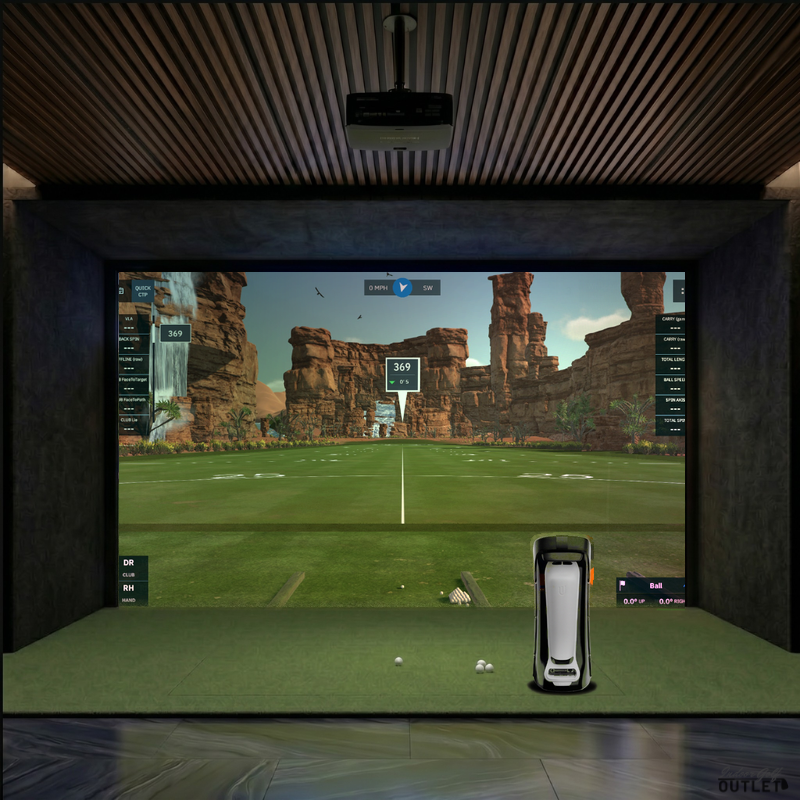 Uneekor EYE MINI custom installed golf simulator room with acoustic carpet wall and ceiling padding.
