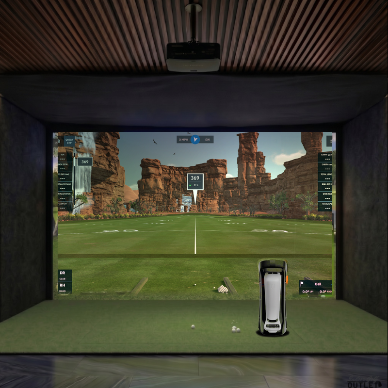 Uneekor EYE MINI custom installed golf simulator room with acoustic carpet wall padding and mesh ceiling.