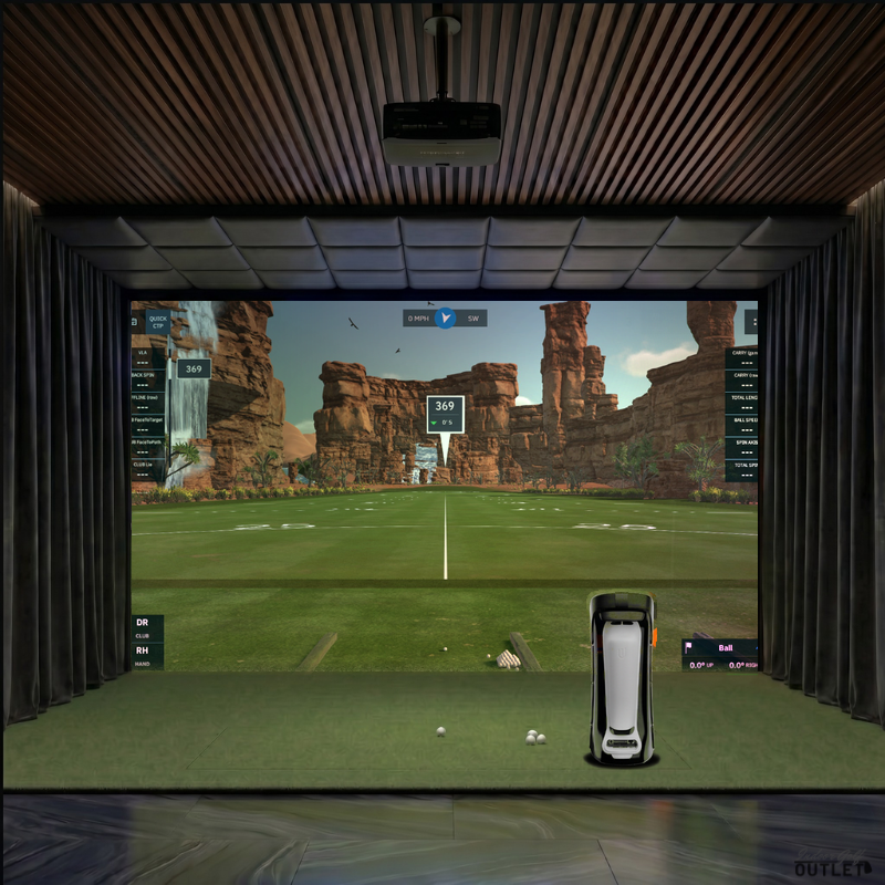 Uneekor EYE MINI custom installed golf simulator room with wall curtains and leatherette ceiling padding.