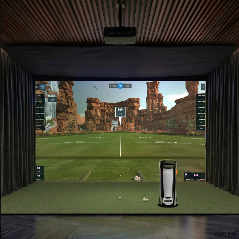 Uneekor EYE MINI custom installed golf simulator room with wall curtains and mesh ceiling.