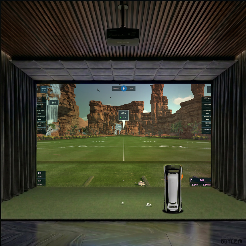 Uneekor EYE MINI custom installed golf simulator room with wall curtains and velvet ceiling padding.