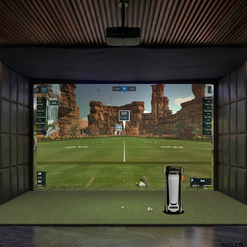 Uneekor EYE MINI custom installed golf simulator room with leatherette wall padding and mesh ceiling.